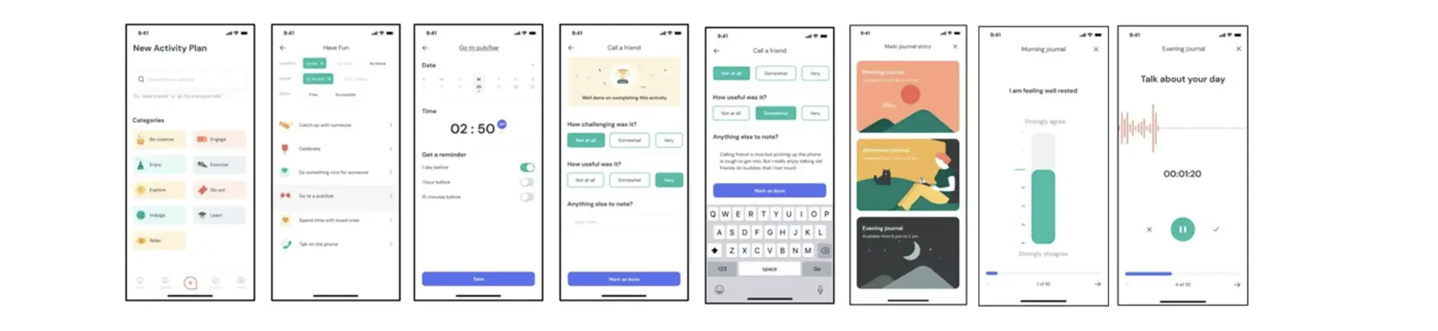 Wireframes of the 'HelloBetter MAIKI' application used for digital phenotyping in the MAIKI trial.